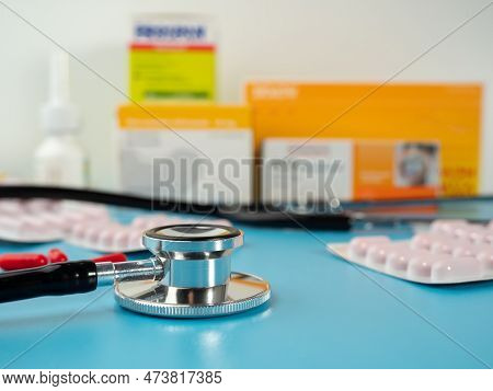Medicines And A Stethoscope. Capsules And Tablets.
