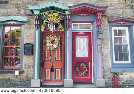 Colorfull Doors And Decorations On Homes Within The Town Of Jim Thorpe Pennsylvania.