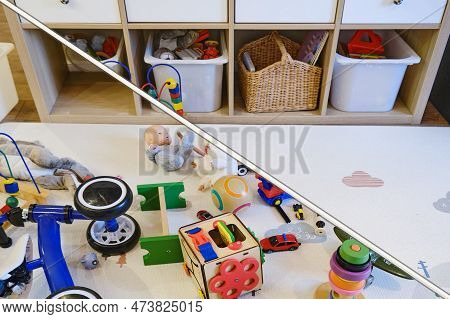 Children Room Littered With Toys And A Clean Nursery, Before And After Cleaning. Mess Due To Toys Sc