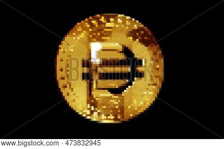 Dai Eth Stablecoin Cryptocurrency Gold Coin In Retro Pixel Mosaic 80s Style. Rotating Golden Metal A