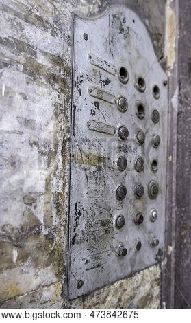 Detail Of Old Entryphone In An Abandoned House, Ruin And Dirt