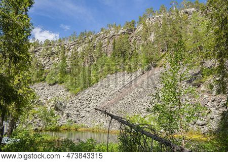 View Of The Pyha-luosto National Park In Summer, Rocks, Stones, Trees And Natural Pond, Lapland, Fin