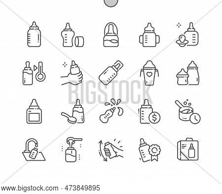 Baby Milk Bottle. Food For Newborn Baby. Add Powder, Cooking Kids Meal. Pixel Perfect Vector Thin Li