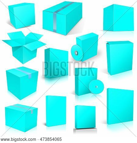 Thirteen Cyanogen Shipping Box And Software Boxes For Layouts And Presentation Design. 3d Rendering.