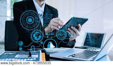 Cyber Security Data Protection Business Working On Compute Intelligenc Digital Tablet Global Network