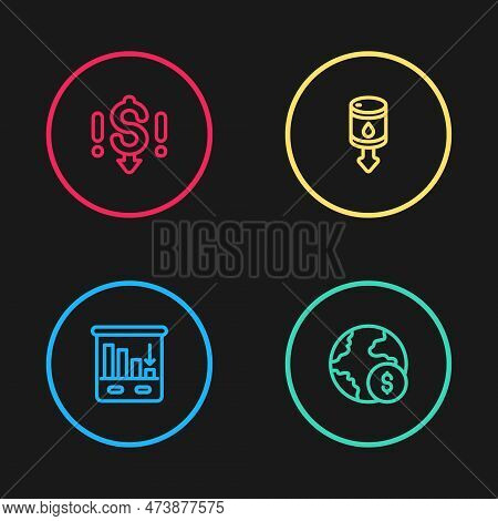 Set Line Pie Chart Infographic, Global Economic Crisis, Drop Crude Oil Price And Dollar Rate Decreas
