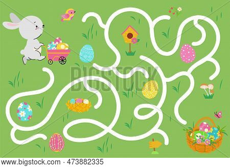 Kids Easter Maze Game. Eggs Hunter With Cute Cartoon Bunny. Find Right Way, Children Paper Play Laby