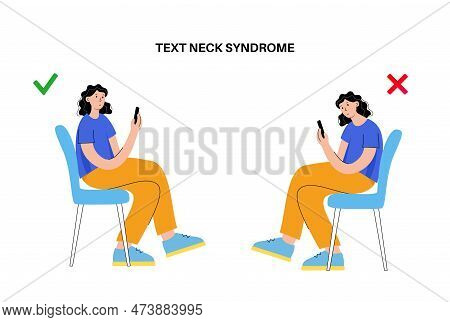 Tech Neck Or Cervical Kyphosis Posture. Incorrect Position For Using A Smartphone. Neck Spasm, Pain 