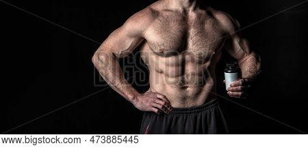 Muscular Bodybuilder With Steroids, Copy Space. Muscular Bodybuilder With Steroids Jar.