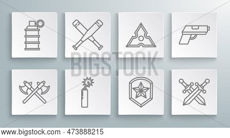 Set Line Crossed Medieval Axes, Baseball Bat, Dynamite Bomb Stick Clock, Police Badge, Sword, Japane