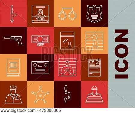 Set Line Prisoner, Lawsuit Paper, Suspect Criminal, Handcuffs, Stacks Money Cash, Pistol Or Gun With