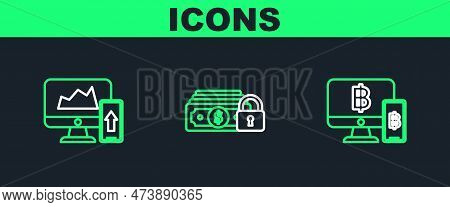 Set Line Computer Monitor With Mobile Phone And Bitcoin, Financial Chart Graph The Computer And Mone