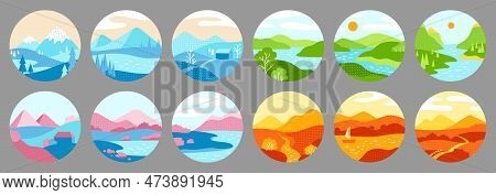 Nature Field Landscape Scenery Four Seasons Round Sticker Set. Abstract Nature Monthly Trendy Calend