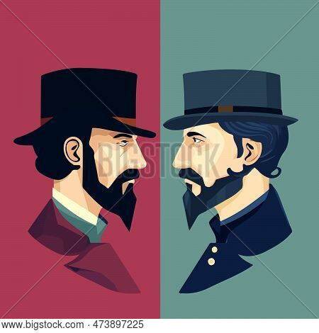 American Civil War Depicted By Two Men Confronting Each Other Union Vs Confederacy Minimalist Vector