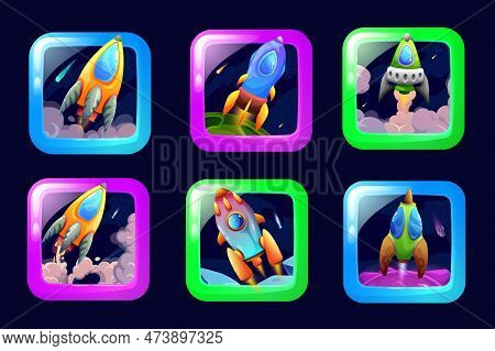 Cartoon Space Game App, Spaceship And Starcraft Icons, Galaxy Adventure Vector Buttons. Space Arcade