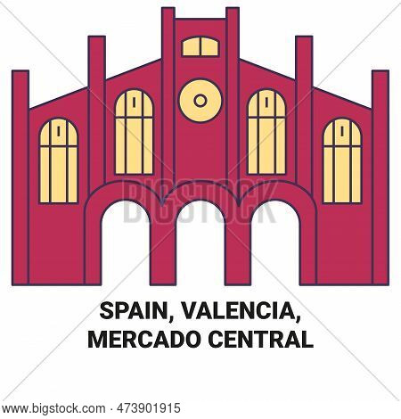 Spain, Valencia, Mercado Central Travel Landmark Vector Illustration