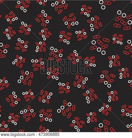 Line Medical Pill Bottle Biohacking Icon Isolated Seamless Pattern On Black Background. Pharmacy Bio