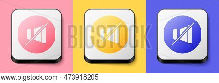 Isometric Mute Microphone Icon Isolated On Pink, Yellow And Blue Background. Microphone Audio Muted.