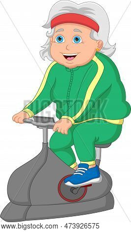 Happy Grand Mother Riding Exercise Bike On White Background
