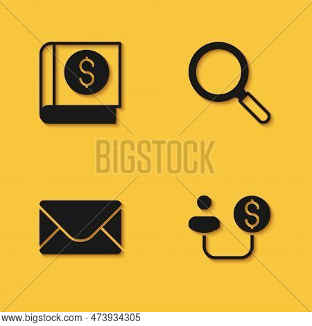 Set Financial Book, Human And Money, Mail E-mail And Magnifying Glass Icon With Long Shadow. Vector