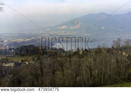 View Of Annone Lake From Colle Brianza, Lombardy, Italy, At Winter (february)