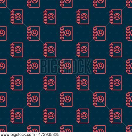 Red Line Address Book Icon Isolated Seamless Pattern On Black Background. Notebook, Address, Contact
