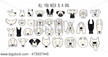 Cute Funny Dog, Puppy Faces Clipart Collection, Isolated. Hand Drawn Monochrome Vector Illustration.