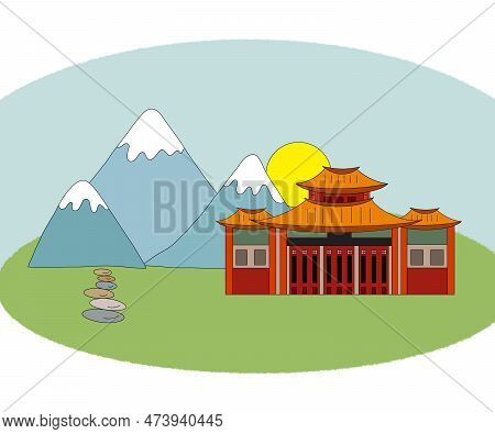Horizontal Illustration. Traditional Japanese Chinese Asian Pagoda, A Beautiful Building Against The