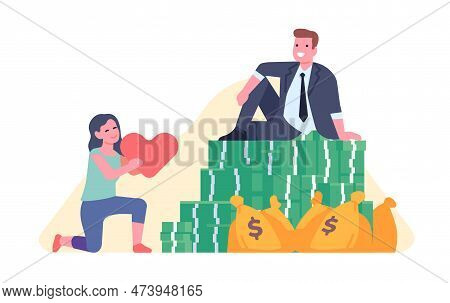 Girl Gives Her Heart To Rich Man. Declaration Of Love. Banknotes Stacks And Money Bags. Successful B