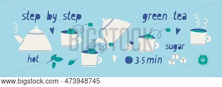 Instructions For Brewing Tea. How To Make Tea From A Tea Bag Step By Step. Cute Vector Illustration 