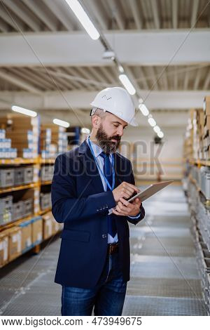 Manager In Suit Controlling Goods In A Waehouse.