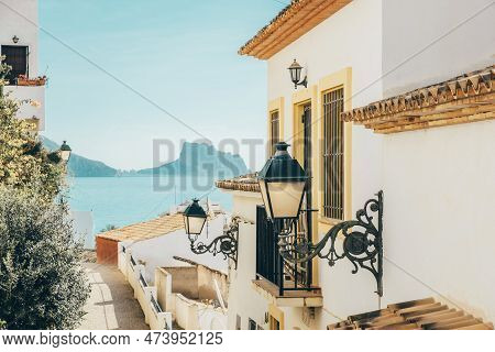 Altea Old Town With Narrow Streets And Whitewashed Houses In Alicante Province, Valencian Community,