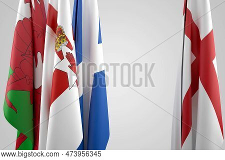 Flags Of United Kingdom - England, Scotland, Wales And Northern Ireland. 3d Rendering