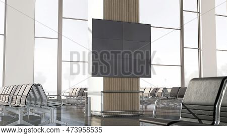 Blank Black Led Display In Airport Lounge Mockup, Side View, 3d Rendering. Empty Lcd Flatscreen Or T