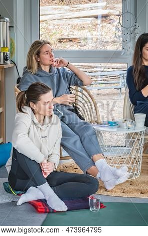 Vilnius, Lithuania - March 26 2023: Group Of Young Caucasian Beautiful Girls Enjoying Time Together 