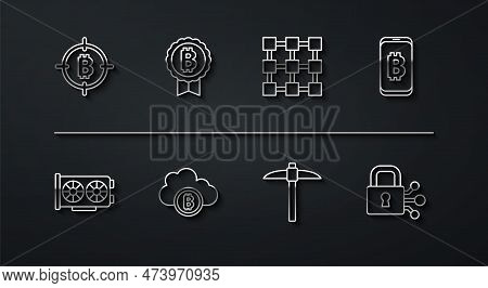 Set Line Bitcoin In The Target, Video Graphic Card, Mining Bitcoin From Mobile, Pickaxe, Cryptocurre