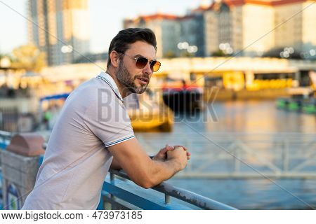Portrait Of Handsome Confident Man In City. Portrait Of Confident Man In Modern Big American City. S