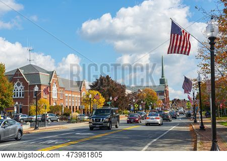 Natick, Ma, Usa - Oct. 17, 2016: Historic Commercial Buildings In Fall On Central Street At Natick C