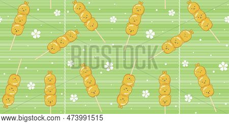 Kawaii Dango In The Form Of Cute Animals On A Green Bamboo Mat Background With White Sakura Flowers.