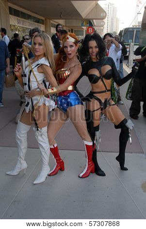 Paula Labaredas as Barbarella, Phoebe Price as Wonder Woman and Alicia Arden as Aeon Flux at San Diego Comic Con, San Diego Convention Center, San Diego, CA. 07-24-10