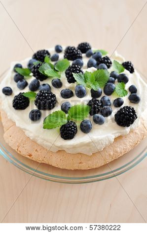 Pavlova with Blueberries and Blackberries