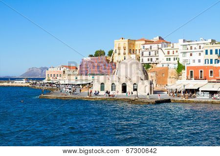 venetian habour and Turkish Mosque Yiali Tzami of Chania