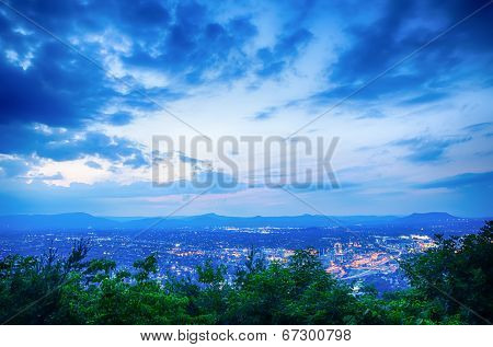 Roanoke City As Seen From Mill Mountain Star At Dusk In Virginia, Usa.