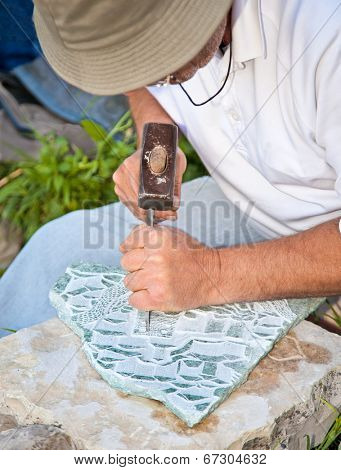  Traditional stone carving in Gjirokaster, south Albania.