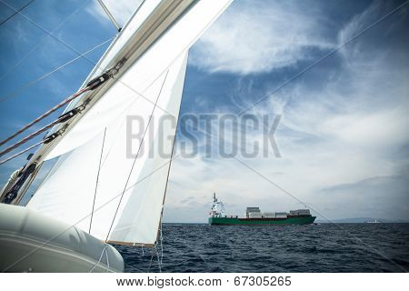  Cargo ship on the high seas, in the foreground sail yacht. Picture with space for text.