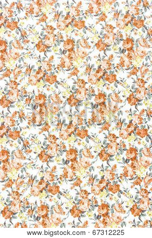 Orange Rose Fabric Background, Fragment Of Colorful Retro Tapestry Textile Pattern With Floral Ornam