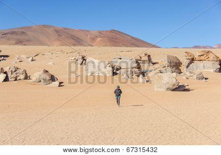 Bolivia, Antiplano, Los Lipez - tourist visiting desert and rock formations near Arbol de Piedra