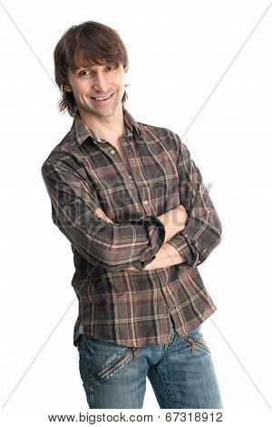 Casual Young Man In Plaid Shirt Isolated On White Background