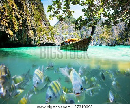 Underwater picture with fish and traditional longtail boat in Maya bay, Ko Phi Phi Le, Tailand