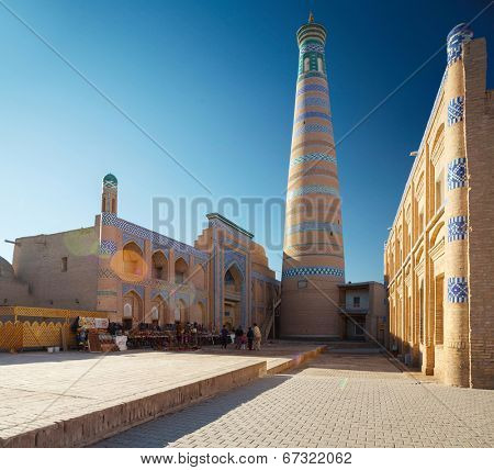 Islom Xoja complex in the city of Khiva at sunny day. Uzbekistan